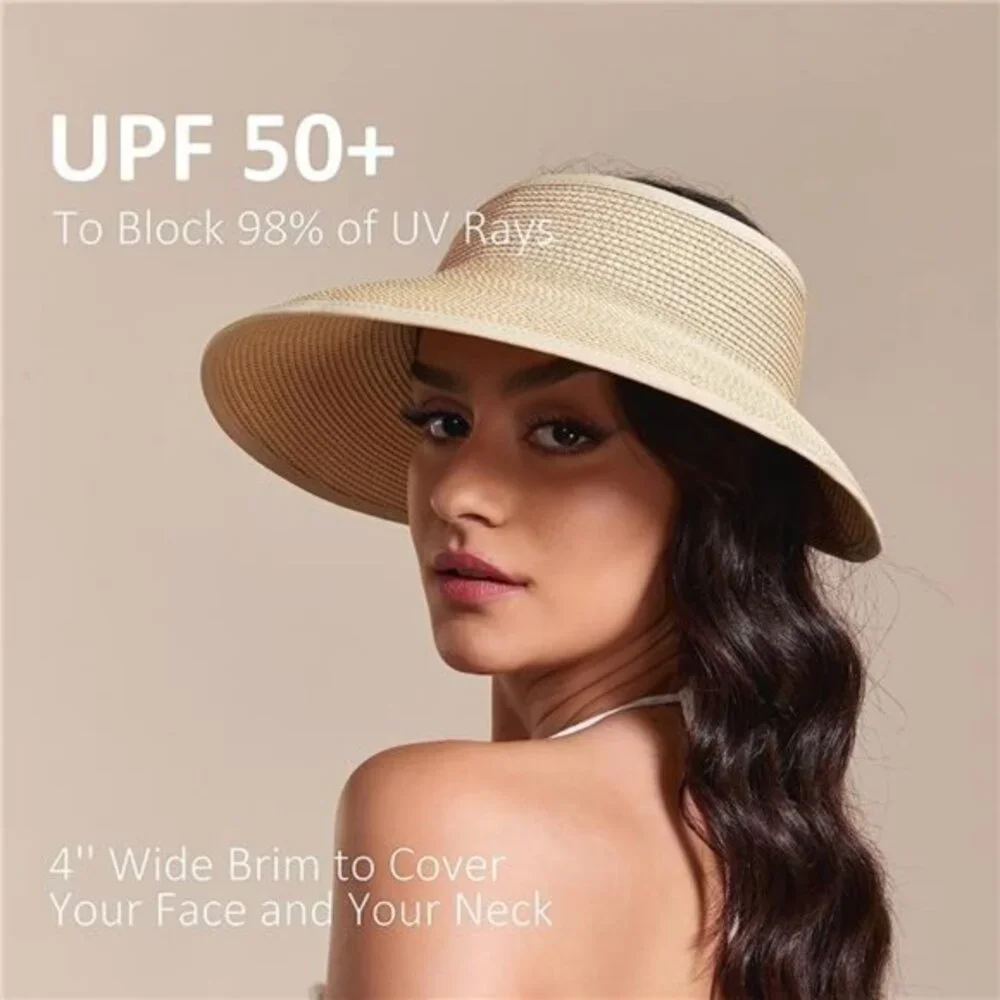New Sun Visor Hats for Wome  Summer Ponytail Foldable‎ Straw Beach Hat UPF 50+